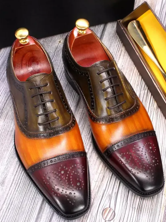 Mens Brogue Dress Shoes Lace Up Genuine Leather Color Block Oxfords