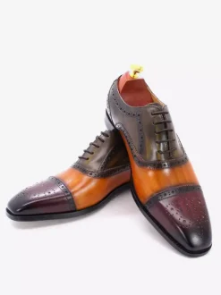 Mens Brogue Dress Shoes Lace Up Genuine Leather Color Block Oxfords