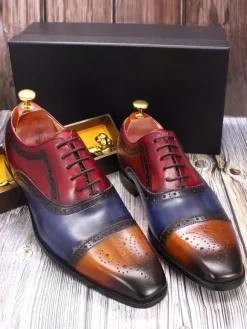 Mens Brogue Dress Shoes Lace Up Genuine Leather Color Block Oxfords