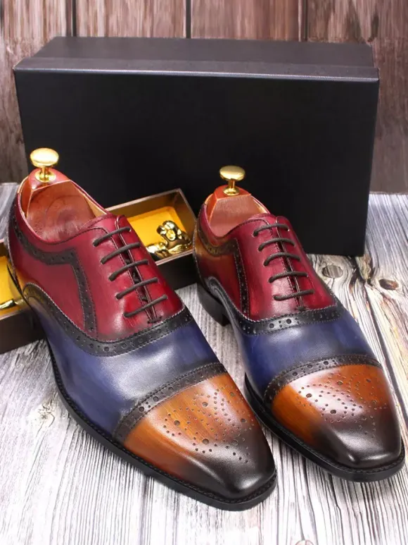 Mens Brogue Dress Shoes Lace Up Genuine Leather Color Block Oxfords