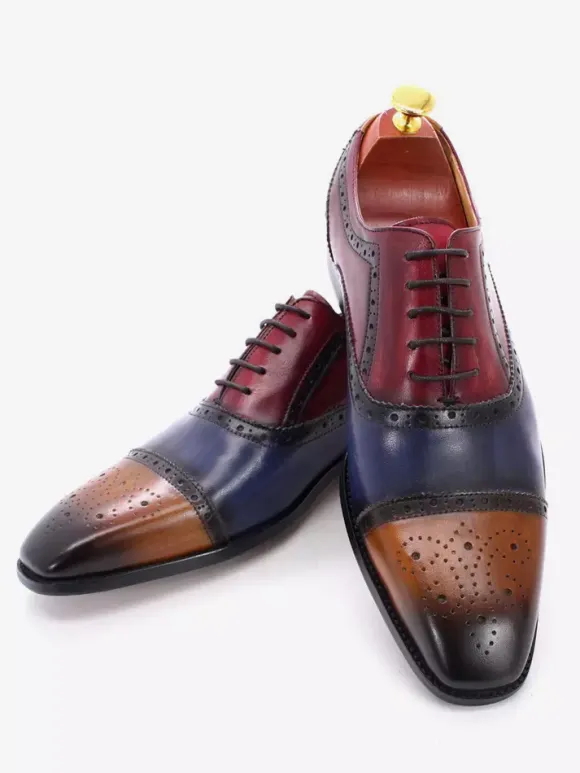 Mens Brogue Dress Shoes Lace Up Genuine Leather Color Block Oxfords