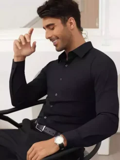 Men's Business Casual Long-Sleeved Stretch Shirts Solid Color Shirts