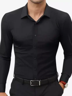 Men's Business Casual Long-Sleeved Stretch Shirts Solid Color Shirts