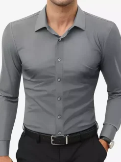Men's Business Casual Long-Sleeved Stretch Shirts Solid Color Shirts