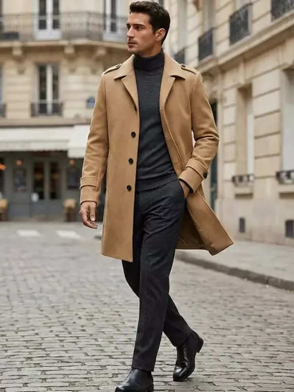 Men's Camel Chic Slim Fit Long Slim Fit Coats