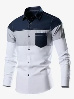 Men's Casual Patchwork Long-Sleeved Shirts Lapel Slim Fit Top