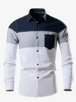 Men's Casual Patchwork Long-Sleeved Shirts Lapel Slim Fit Top