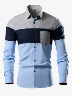 Men's Casual Patchwork Long-Sleeved Shirts Lapel Slim Fit Top