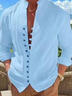 Men's Casual Shirt Stand Collar Long Sleeve Casual Linen Men's Shirts