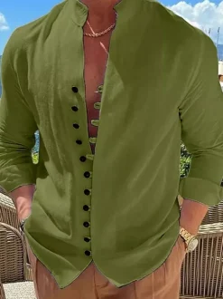 Men's Casual Shirt Stand Collar Long Sleeve Casual Linen Men's Shirts
