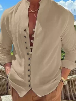 Men's Casual Shirt Stand Collar Long Sleeve Casual Linen Men's Shirts