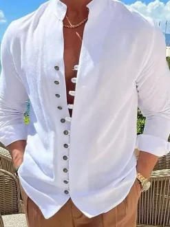 Men's Casual Shirt Stand Collar Long Sleeve Casual Linen Men's Shirts