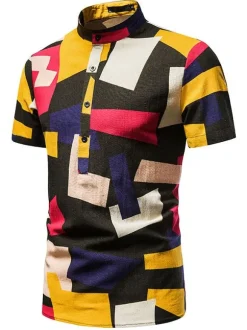 Men's Casual Shirt Stand Collar Classic Printed Black Men's Shirts