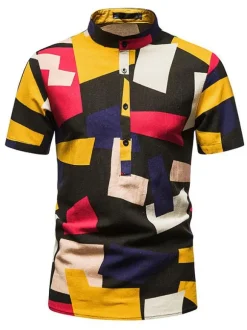 Men's Casual Shirt Stand Collar Classic Printed Black Men's Shirts