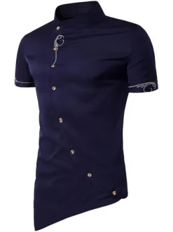 Men's Casual Shirt Stand Collar Casual Geometric Light Sky Blue Men's Shirts