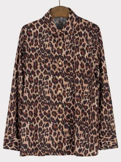 Men's Casual Shirt Turndown Collar Simple Oversized Leopard Print Coffee Brown Men's Shirts