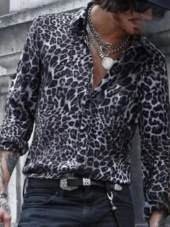 Men's Casual Shirt Turndown Collar Simple Oversized Leopard Print Coffee Brown Men's Shirts