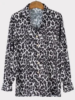Men's Casual Shirt Turndown Collar Simple Oversized Leopard Print Coffee Brown Men's Shirts