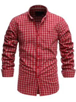 Men's Casual Shirt Turndown Collar Chic Plaid Red Men's Shirts
