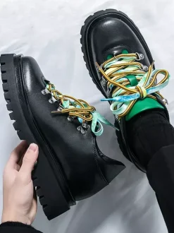 Mens Casual Shoes Anti-Slip Platform Sole With Colorful Laces Streetwear Shoes