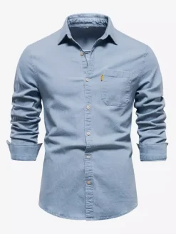 Men's Casual Solid Color Long-Sleeved Shirt Slim Fit Denim Shirt