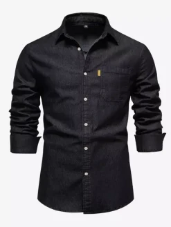 Men's Casual Solid Color Long-Sleeved Shirt Slim Fit Denim Shirt