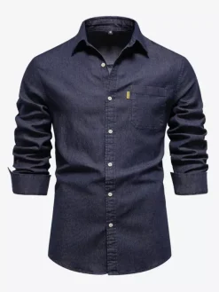 Men's Casual Solid Color Long-Sleeved Shirt Slim Fit Denim Shirt