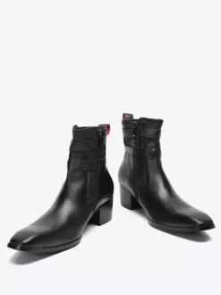 Men's Chelsea Boots Black Cowhide Pointed Toe Buckle Prom Ankle Short Boots