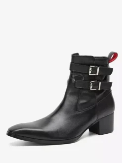 Men's Chelsea Boots Black Cowhide Pointed Toe Buckle Prom Ankle Short Boots