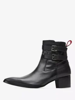 Men's Chelsea Boots Black Cowhide Pointed Toe Buckle Prom Ankle Short Boots
