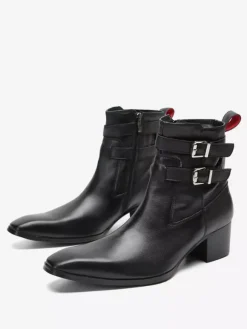 Men's Chelsea Boots Black Cowhide Pointed Toe Buckle Prom Ankle Short Boots