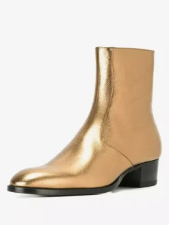 Men's Chelsea Boots Genuine Leather Gold Chunky Heel Round Toe Fashion High Gloss Short Boots