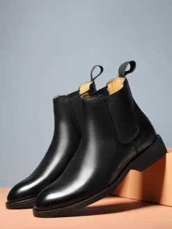 Mens Chelsea Boots Low Heel Black Pointed Toe Leather Ankle Boots