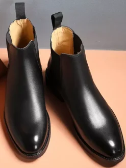 Mens Chelsea Boots Low Heel Black Pointed Toe Leather Ankle Boots