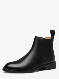 Mens Chelsea Boots Low Heel Black Pointed Toe Leather Ankle Boots