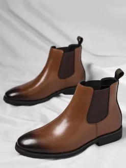 Mens Chelsea Boots Low Heel Pointed Toe Short Boots With Gradient Color Tip