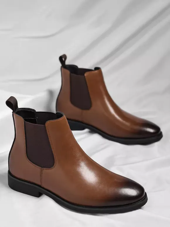 Mens Chelsea Boots Low Heel Pointed Toe Short Boots With Gradient Color Tip