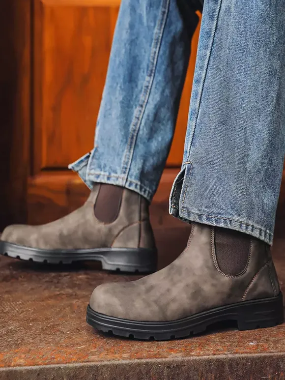 Mens Chelsea Boots Low Heel Slip Resistant Sole Round Toe Leather Ankle Boots