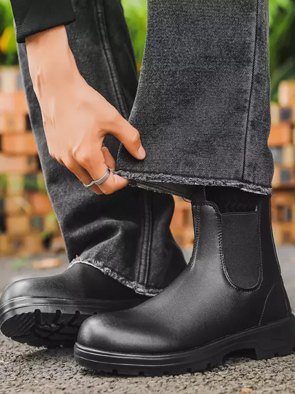 Mens Chelsea Boots Low Heel Slip Resistant Sole Round Toe Leather Ankle Boots