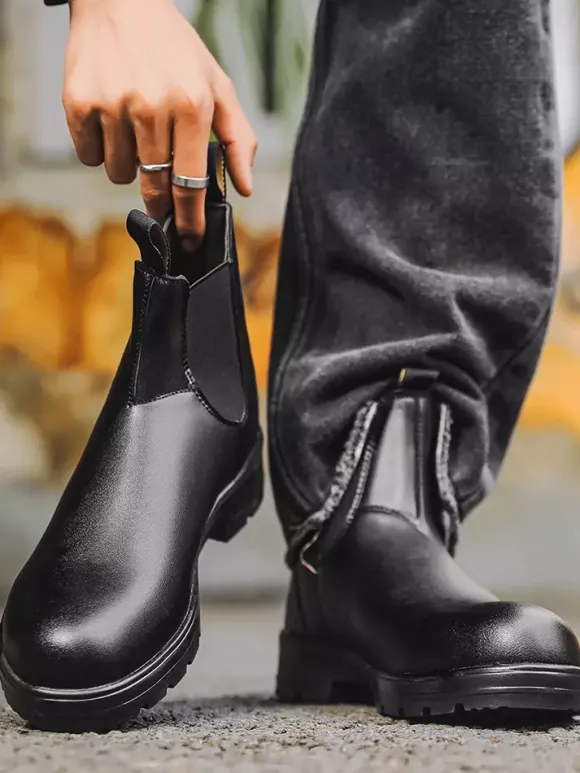 Mens Chelsea Boots Low Heel Slip Resistant Sole Round Toe Leather Ankle Boots
