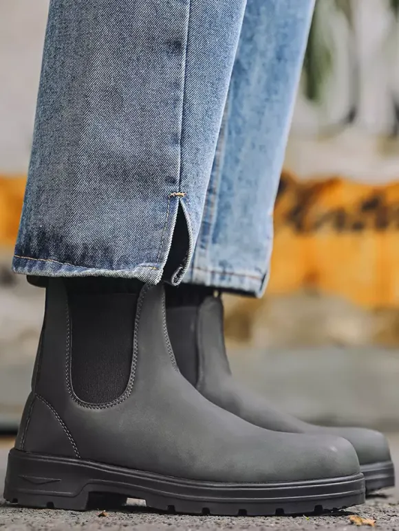 Mens Chelsea Boots Low Heel Slip Resistant Sole Round Toe Leather Ankle Boots