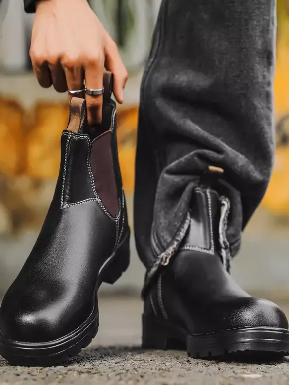Mens Chelsea Boots Low Heel Slip Resistant Sole Round Toe Leather Ankle Boots