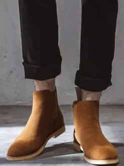 Mens Chelsea Boots Low Heel Suede Leather Pointed Toe Ankle Boots In 5 Colors