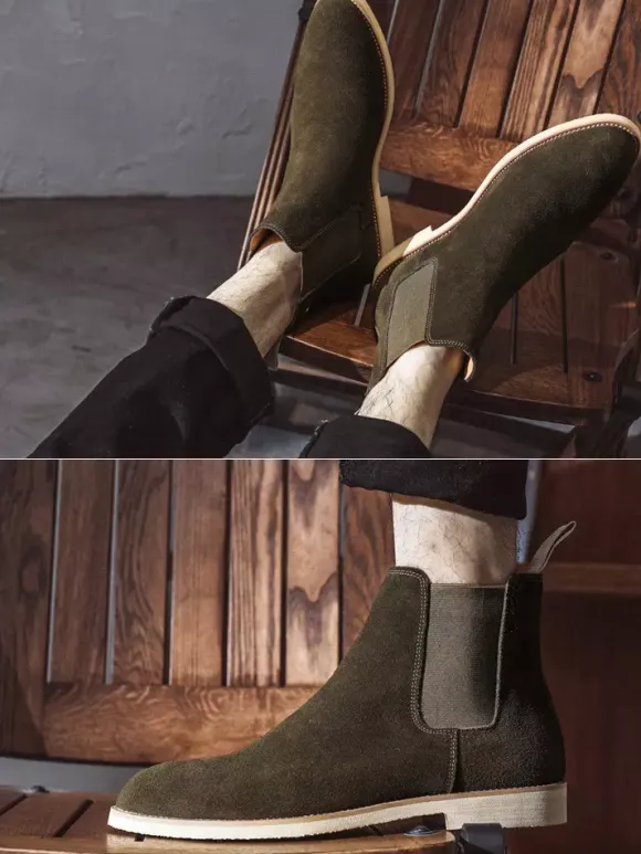 Mens Chelsea Boots Low Heel Suede Leather Pointed Toe Ankle Boots In 5 Colors