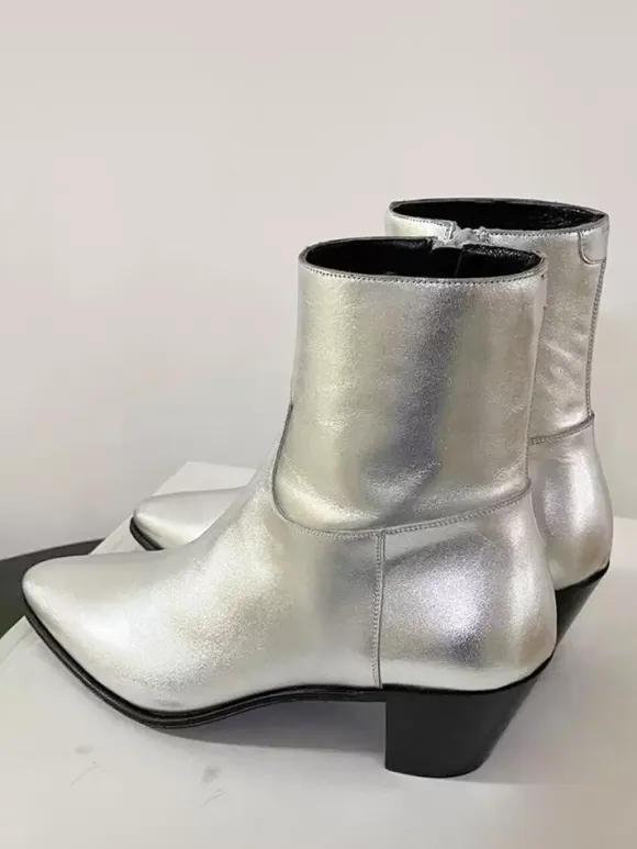 Men's Chelsea Boots Silver Pointed Toe Ankle Prom Wedding Boots
