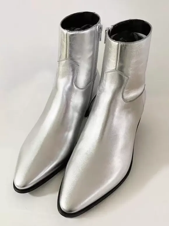Men's Chelsea Boots Silver Pointed Toe Ankle Prom Wedding Boots