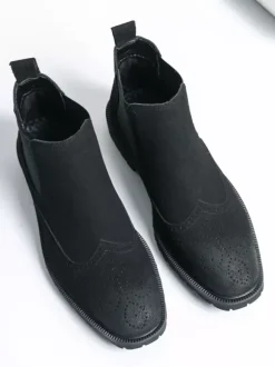 Mens Chelsea Boots Slip-Ons Round Toe Leather Shoes Non Slip Low Heels Breathable Short Boots