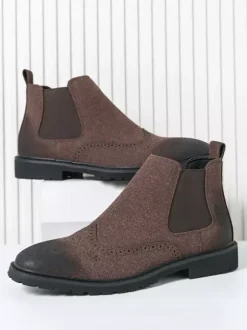Mens Chelsea Boots Slip-Ons Round Toe Leather Shoes Non Slip Low Heels Breathable Short Boots