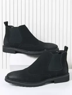 Mens Chelsea Boots Slip-Ons Round Toe Leather Shoes Non Slip Low Heels Breathable Short Boots
