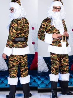 Men's Christmas Set Red Polyester Fiber Hat Pants Top Polyester Santa Clause Holidays Costumes